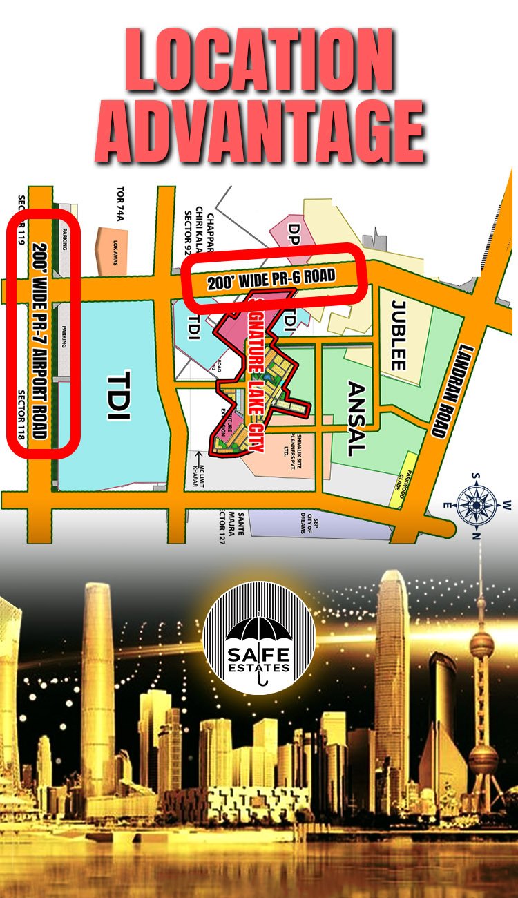 The Location Advantage of Signature Lake City is mentioned in this pic. These commercial plots are nestled between Ansals and TDI, both posh localities,