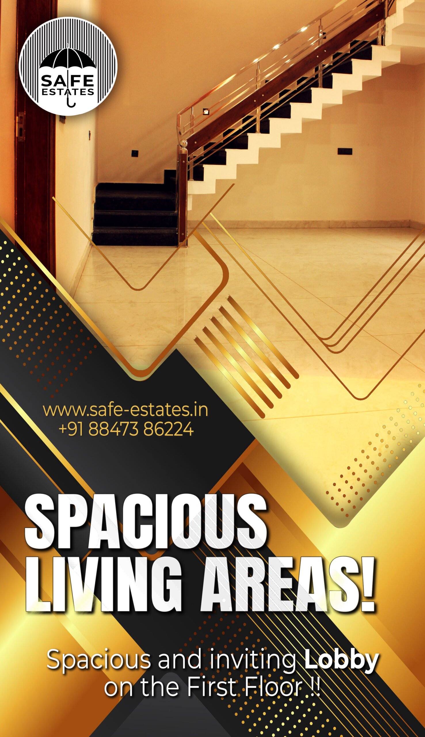 large lobby; large windows; stair case; 