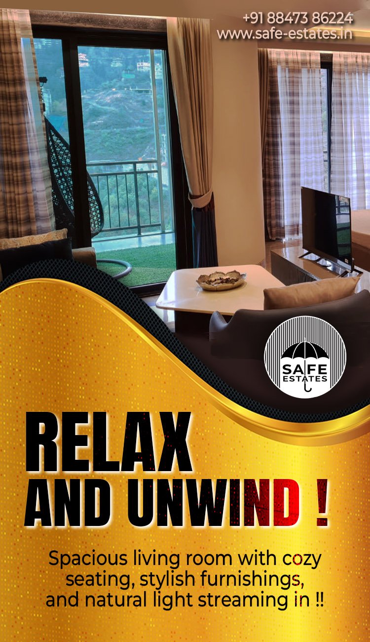 to relax and unwind, cozy seating, stylish furnishing, natural light streaming in, hills outside, large windows,