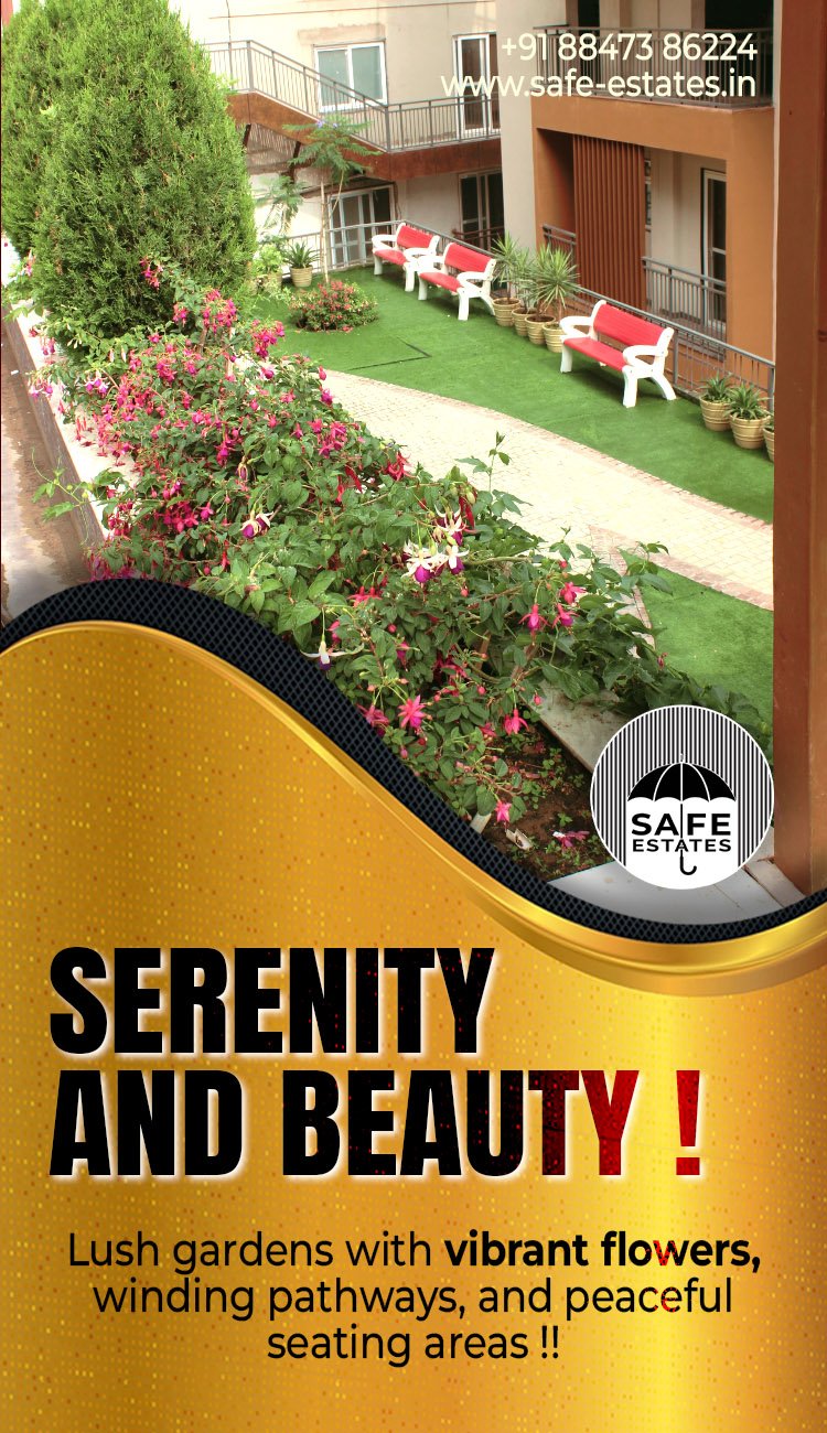 beautiful garden in society, vibrant flowers, winding pathways, peaceful seating areas,