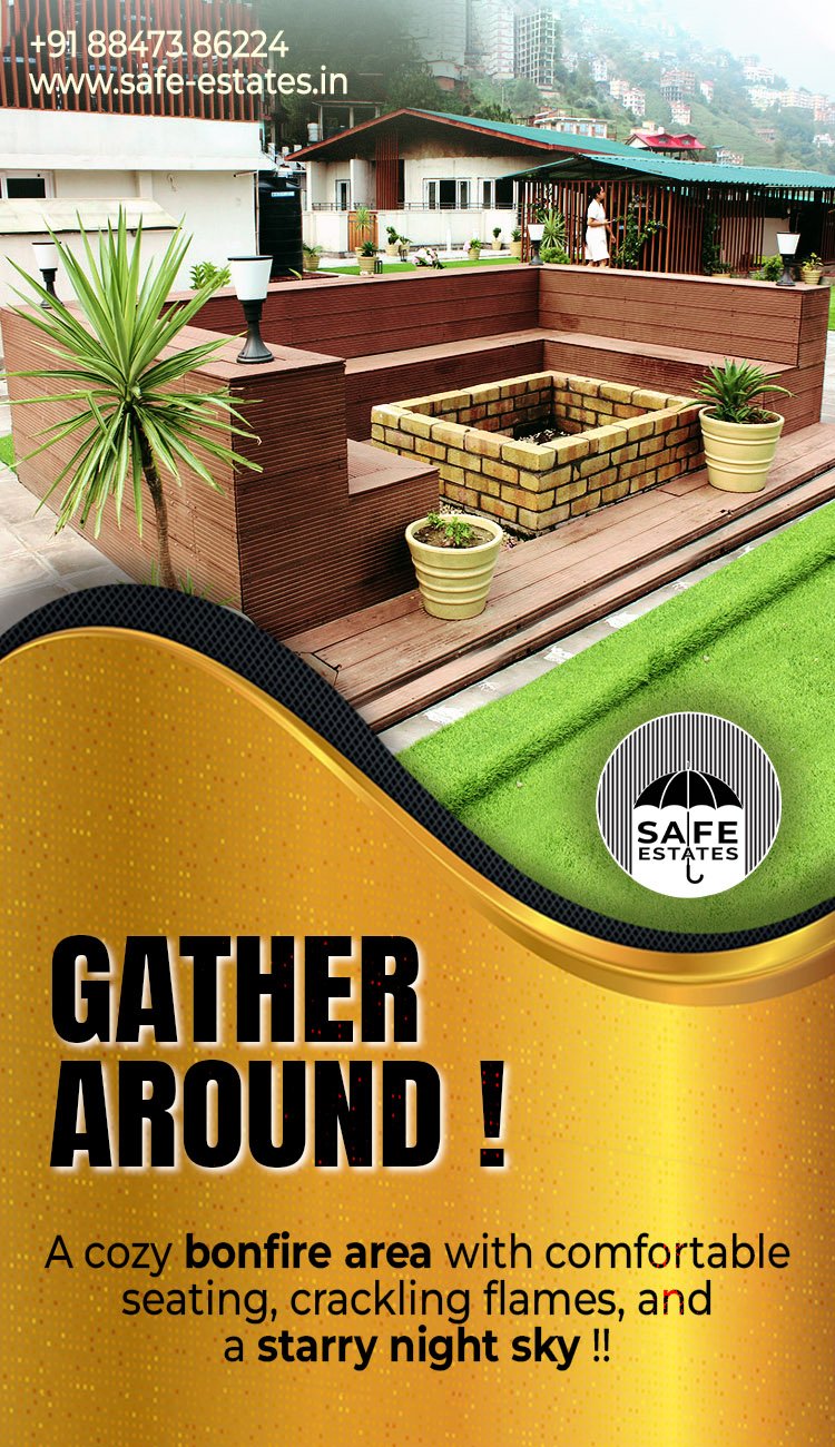 Gather around, barbeque pit, bonfire area, comfortable seating, crackling flames, starry night sky, 