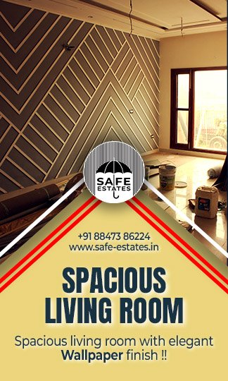 spacious living room; large drawing room; wallpapers; large windows; marble finish;